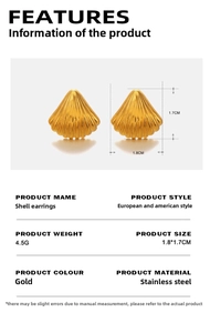 Detailed view of gold shell earrings showing size 1.8x1.7cm and 4.5g weight metrics