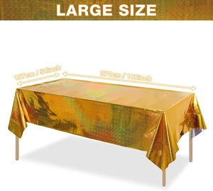 Detailed size guide for gold holographic laser party tablecloth, 137x274cm large format