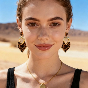 Close-up of leopard print heart earrings and golden chain necklace on a model