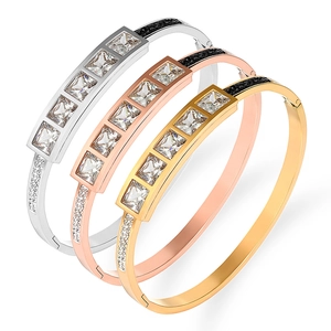 Stainless Steel Bangle Gold Plated With Square Zirconia And Black White Rhinestones Hinged Clasp Fashion Jewelry For Women