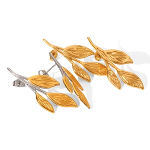 Elegant 18k gold plated leaf stud earrings in gold and silver finishes on white background