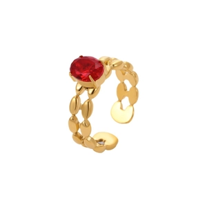 Anello aperto in acciaio placcato oro 18K con zircone rosso ovale e design a maglia fine
