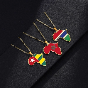 Detail of African map pendants with colorful flag enamel and gold stainless steel chains