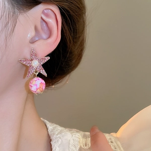 Detail of pink marble sphere earring with crystal star and pearl on model