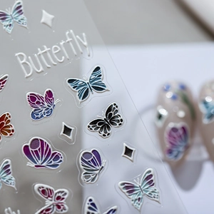 5D embossed butterfly nail art stickers with 3D colorful textures and star accents