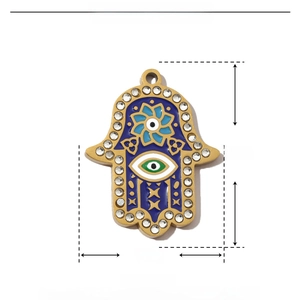 Detailed size chart of gold Hamsa Hand pendant in stainless steel with blue enamel