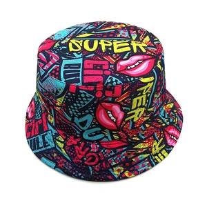 Close-up of pop art graffiti fisherman hat with vibrant red lips and dot patterns