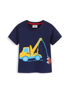 Classic navy blue boys short sleeve t-shirt featuring a fun cartoon crane print