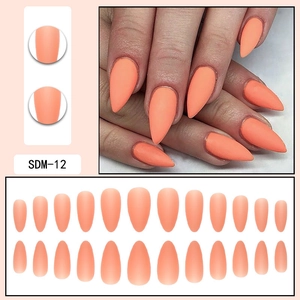 Matte coral orange almond press-on nails SDM-12 showing 24 pieces set and applied look
