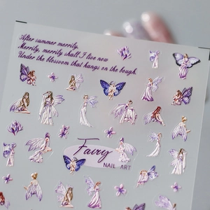 Autocollants nail art japonais féeriques avec papillons violets et motifs floraux