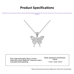 Detail showing elegant butterfly pendant size 38cm plus 6cm chain in silver and gold colors