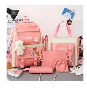 Pink five-piece nylon backpack set including tote, crossbody bag, and pencil case