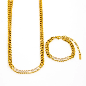 Parure Bijoux Collier Bracelet Acier Inoxydable Plaqué Or Baguette Zircon Cuban Link Chaîne Élégant Niche Femmes