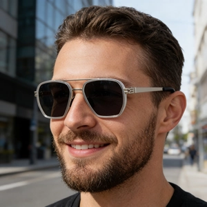 Outdoor shot of men polarized sunglasses with silver double bridge metal frame and grey lenses