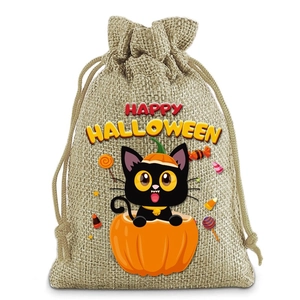 Macro shot of Halloween burlap drawstring bag featuring Happy Halloween text and cat design