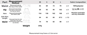 Tabella taglie dettagliata per gonna midi a quadri con misure per XS, S, M e L