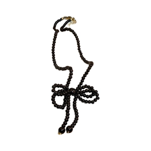Sweet vintage black faux pearl necklace with handcrafted beaded bow pendant design