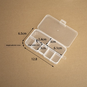 Detail of 6-compartment transparent PP storage box showing dimensions and hanging hole