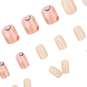 Short square press-on nails with sweet pink graffiti floral and nude beige glossy finish