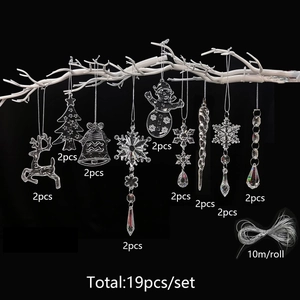 Macro detail of 19pcs clear acrylic Christmas ornaments set with deer and snowflakes