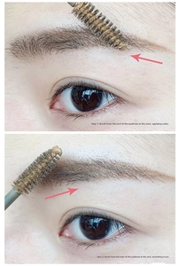 Detail of the eyebrow gel brush applying brown tint for a natural groomed 3D eyebrow look