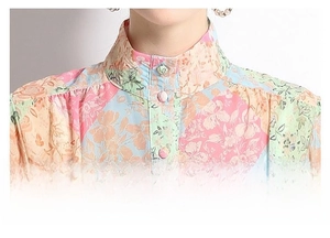 Close-up of retro stand collar and floral fabric buttons on a colorful printed dress