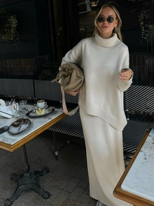 Style Français Femmes Pull En Tricot De Coton Et Jupe Droite Col Roulé Manches Longues Ample Automne Hiver Élégant