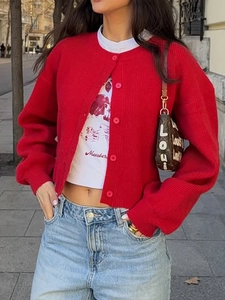 Women's minimalist red knitted button cardigan sweater with long sleeves in street style