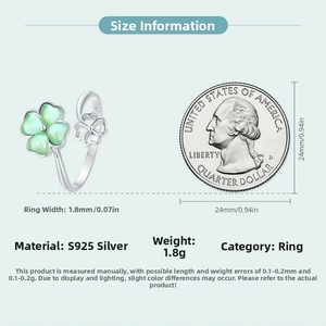S925 silver clover ring size comparison with a quarter coin and detailed dimensions
