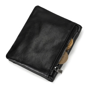 Detail of black leather bifold wallet with side metal zipper coin pocket for storage