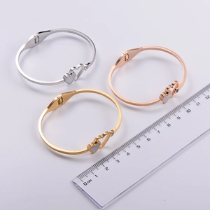 Detailed view of titanium steel heart bangles with shells and crystals next to a ruler