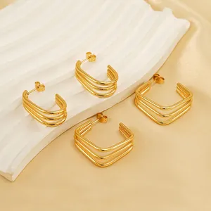 Multi Layer Geometric C Shaped Square Hoop Earrings 18K Gold Plated Stainless Steel Minimalist Trendy Fashion Jewelry For Women