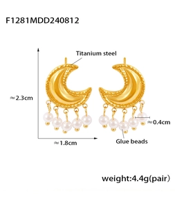 Detail view of titanium steel crescent moon earrings with pearl tassels and dimensions