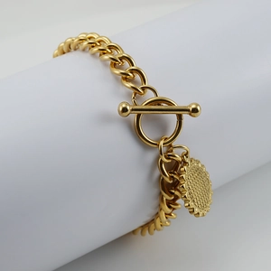 18K gold plated Cuban chain bracelet with OT toggle clasp and round pendant detail