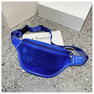 Close-up of transparent blue PVC chest bag with adjustable strap and metallic zipper