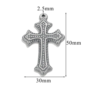 Silver cross pendant with bead texture showing precise size 50mm height and 30mm width