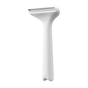 Ergonomic pet deshedding tool with stainless steel teeth and non-slip white handle