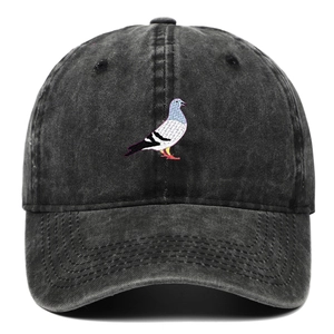 Washed black cotton baseball cap featuring colorful pigeon embroidery on the front