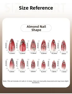 Size chart for almond-shaped press-on nails with floral and rhinestone accents
