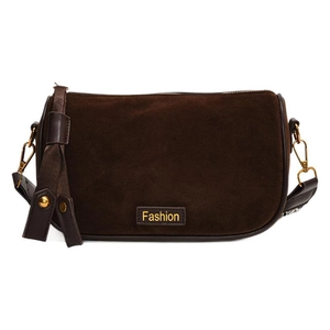 Retro dark brown suede pillow bag with fashion tag and wide strap for women