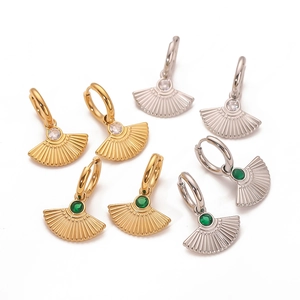 French retro fan-shaped fish-tail huggie earrings in gold and silver with zircon