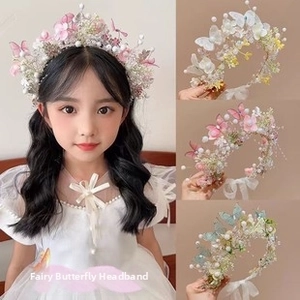 Detailed view of fairy floral wreath headband with tulle butterflies and pearls