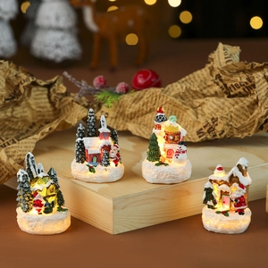 Christmas Miniature House Resin LED Glowing Santa Claus Snowman Landscape Ornament Desktop Holiday Decor Gift
