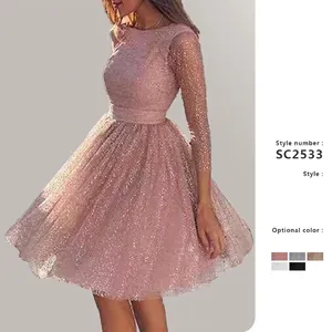 Women Long Sleeve Sequin Mesh Dress Elegant High Waist Evening Party Cocktail Midi Dress For Wedding Celebration Lady Clothing
