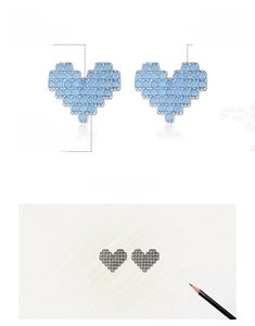 Macro detail of S925 silver heart stud earrings with blue zircon in pixel art style