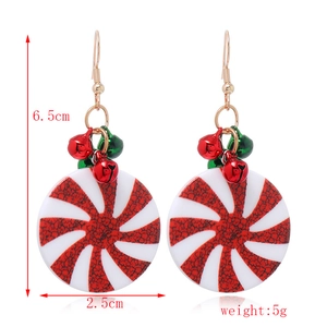 Detail of Christmas candy swirl earrings with bells showing 6.5cm height and 2.5cm width