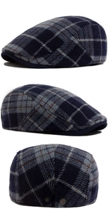Detailed views of wool plaid beret featuring metal adjustment buckles and texture