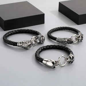 Retro dragon and tiger head braided leather bracelets for men with stainless steel clasps