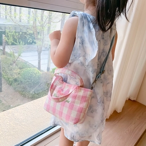 Pink checkered girl's crossbody bag with letter embroidery and fabric texture