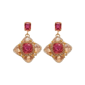Elegant floral drop earrings with pink gems and pearls in a vintage gold-toned setting